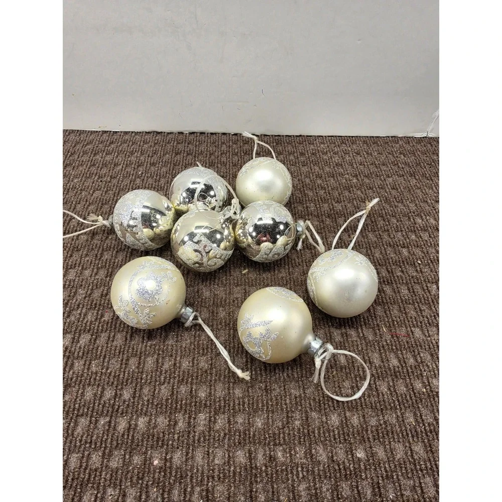 Vintage Holly Glass Christmas Ornaments Silver Champagne Glitter Scroll Set of 8